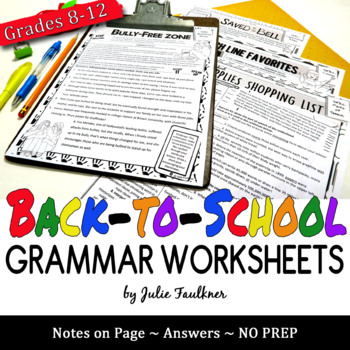 Preview of Back to School Grammar Worksheets, NO PREP, Middle and High School