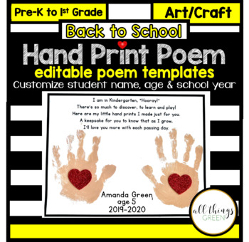 Back to School Hand Print Poem by Amanda Green-All Things Green | TpT