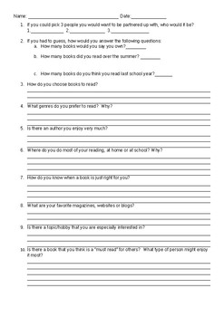 Preview of Back to School Individual Student Reading Survey