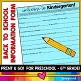 Back to School Information Sheet -parents fill out @ Open 