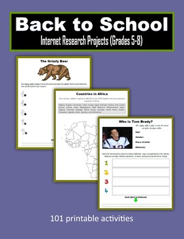 Preview of Back to School Internet Research Projects (Grades 5-8)