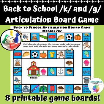 Preview of Back to School K and G Articulation Board Games Speech Therapy Printable Easel