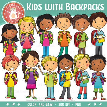 Back to School Kids with Backpacks Clipart by Clever Cat Creations
