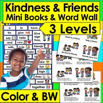 Preview of Back to School Kindness SEL Mini Books 3 Levels + Word Wall World Kindness Day