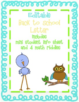 Preview of Back to School Letter with Student Info Card and Math Riddles