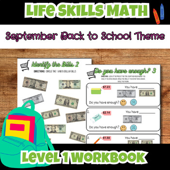 Preview of Back to School Life Skills Functional Money Math Level 1 Workbook Special Ed