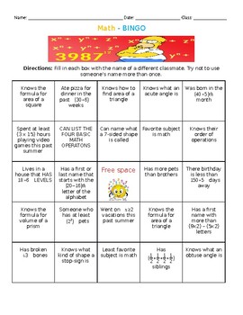 Preview of Back-to-School Math Bingo