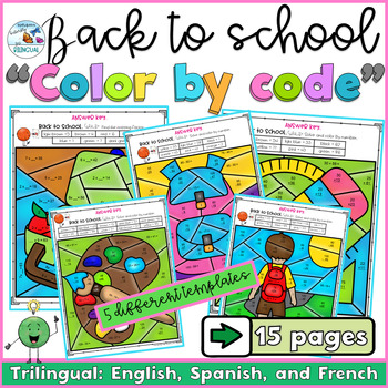 Preview of Back to School Math Color by Number English Spanish and French 