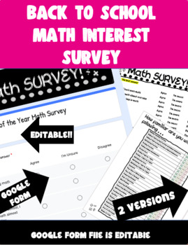 Preview of Back to School Math Interest Survey Inventory