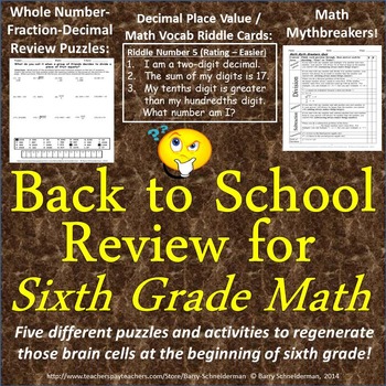 Preview of Back to School Math Review for Sixth Grade - 5 Puzzles and Activities