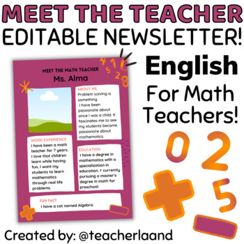 Preview of Back to School Meet the Math Teacher Newsletter Template EDITABLE