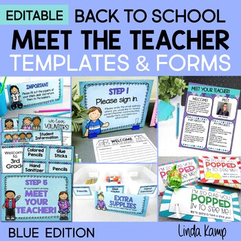 Preview of Meet the Teacher Templates, Editable Forms, Stations & PowerPoint BLUES