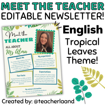Preview of Back to School Meet the Teacher Tropical Leaves Theme Template EDITABLE