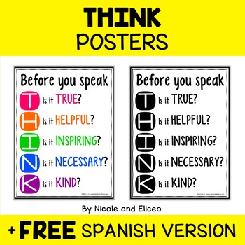 Preview of Think Before You Speak Classroom Poster + FREE Spanish