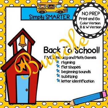 Preview of NO PREP Back to School Themed Math and Literacy Games Bundle