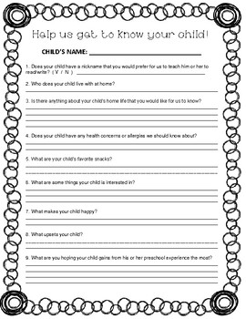 Preview of Back-to-School Night "Help Us Get to Know Your Child" Sheet