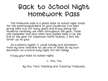 Preview of Back to School Night Homework Pass