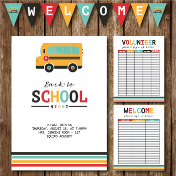 Preview of Back to School Night || Invite || Volunteer Sign Up Sheet || Welcome Sign In
