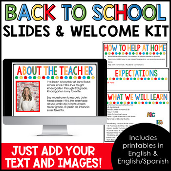 Preview of Back to School Night Meet the Teacher Presentation Slides and Welcome Kit