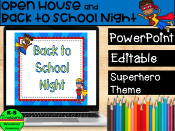 Preview of Back to School Night | Open House PowerPoint Template SUPERHEROES! (Editable)