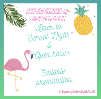 Preview of Back to School Night & Open House slides- Flamingo Theme in Spanish and English