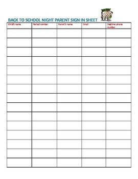 Preview of Back to School Night Sign in Sheet