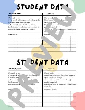 Preview of Back to School Night Student Data Forms (Color Blob)