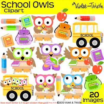 Preview of Back to School Owl Clipart Backpack Bus Teacher Student Classroom Desk Clip Art