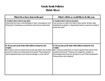 Preview of Back-to-School PD: Teacher Think-Sheet on Grade Book Set-up, Reflection & Goals