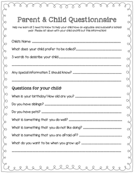 Preview of Back to School Parent & Child Questionnaire (in English and Spanish)