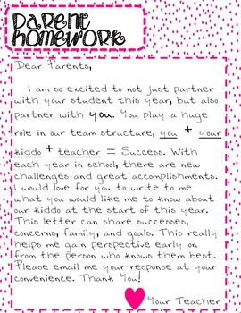 Preview of Back to School: Parent Homework Letter