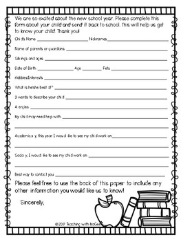 Preview of Back to School Parent Questionnaire