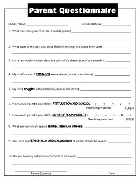 Preview of Back to School Parent Questionnaire