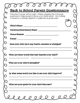 FREE Back to School Parent Questionnaire by Laura's Learning Creations