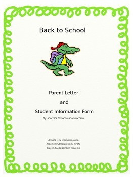 Preview of Back to School Parent Welcome Letter and Student Information Form