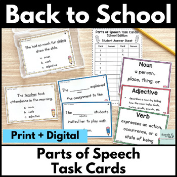 Preview of Back to School Parts of Speech Task Cards for Grammar & Language Therapy