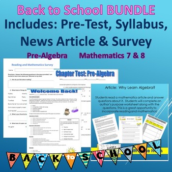 Preview of Back to School Pre-Algebra Bundle--Pre-Test, News Article, Syllabus, & Survey