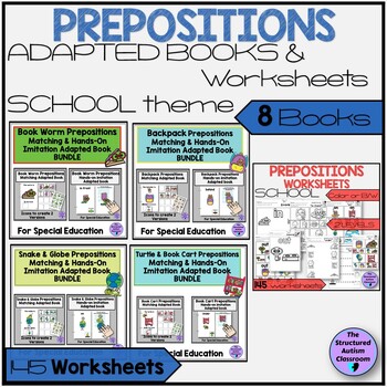 Preview of Back to School Prepositions Adapted Books and Worksheets Bundle