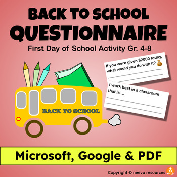 Preview of Back to School QUESTIONNAIRE Gr. 4-8 (MICROSOFT, GOOGLE & PDF)