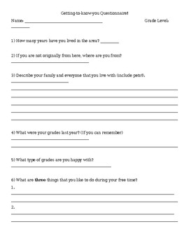 Preview of Back to School Questionnaire - Getting to Know You!