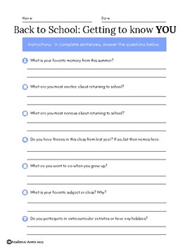 Back to School Questions for Students Worksheet | Get to Know You Questions