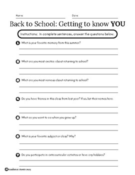Back to School Questions for Students Worksheet | Get to Know You Questions