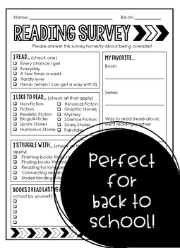 Back to School Reading Survey by Bridget Kaufman | TPT
