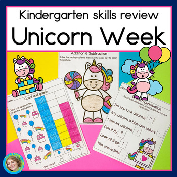Preview of Unicorn Math & Literacy Worksheets Reading Writing Add Subtract Graphs Sub Plans