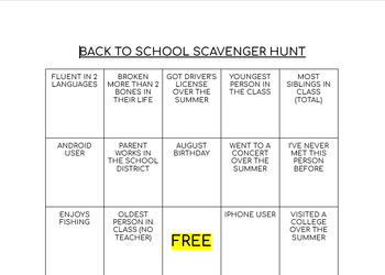 Preview of Back to School Scavenger Hunt/BINGO