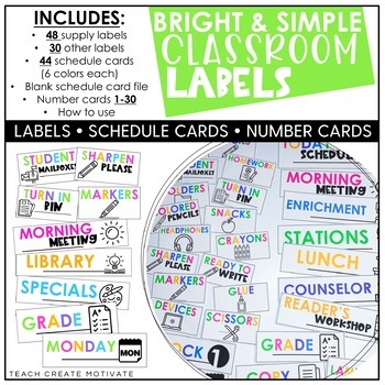 Preview of Editable Classroom Labels and Schedule Cards - Bright Classroom Decor