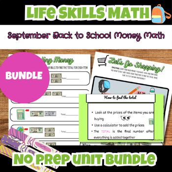 Preview of September Life Skills Shopping Money Math NO PREP Unit Bundle Special Education