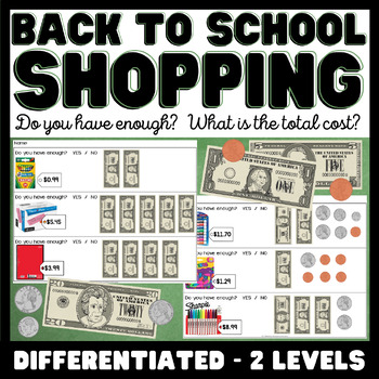 Preview of Back to School Shopping Task Cards/ Worksheets  - Money Math - Special Education