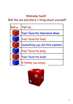 Preview of Back to School Smartboard Dice Activity