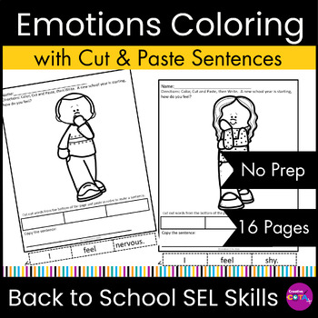 Preview of Back to School Social Emotional Learning Coloring Pages, Cut & Paste Sentences